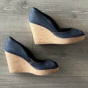 NWOT Via Spiga Denim Peep Toe Wedges Size 7
